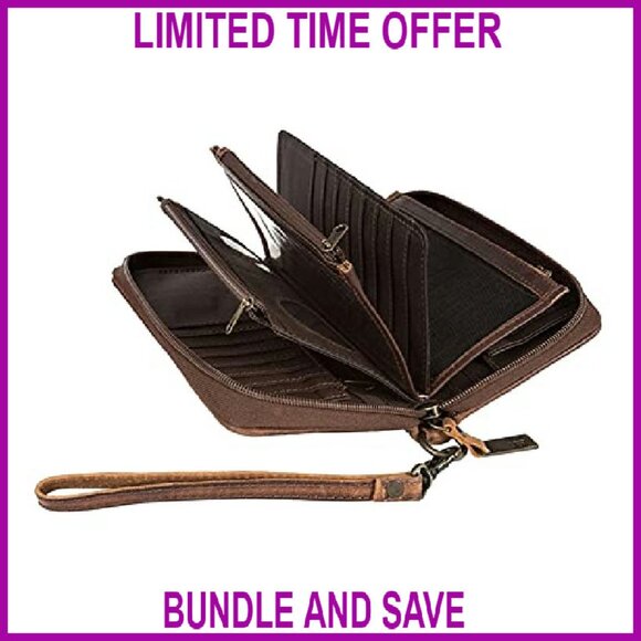 Leather Wristlet Clutch with Removable Strap, Multiple Compartments